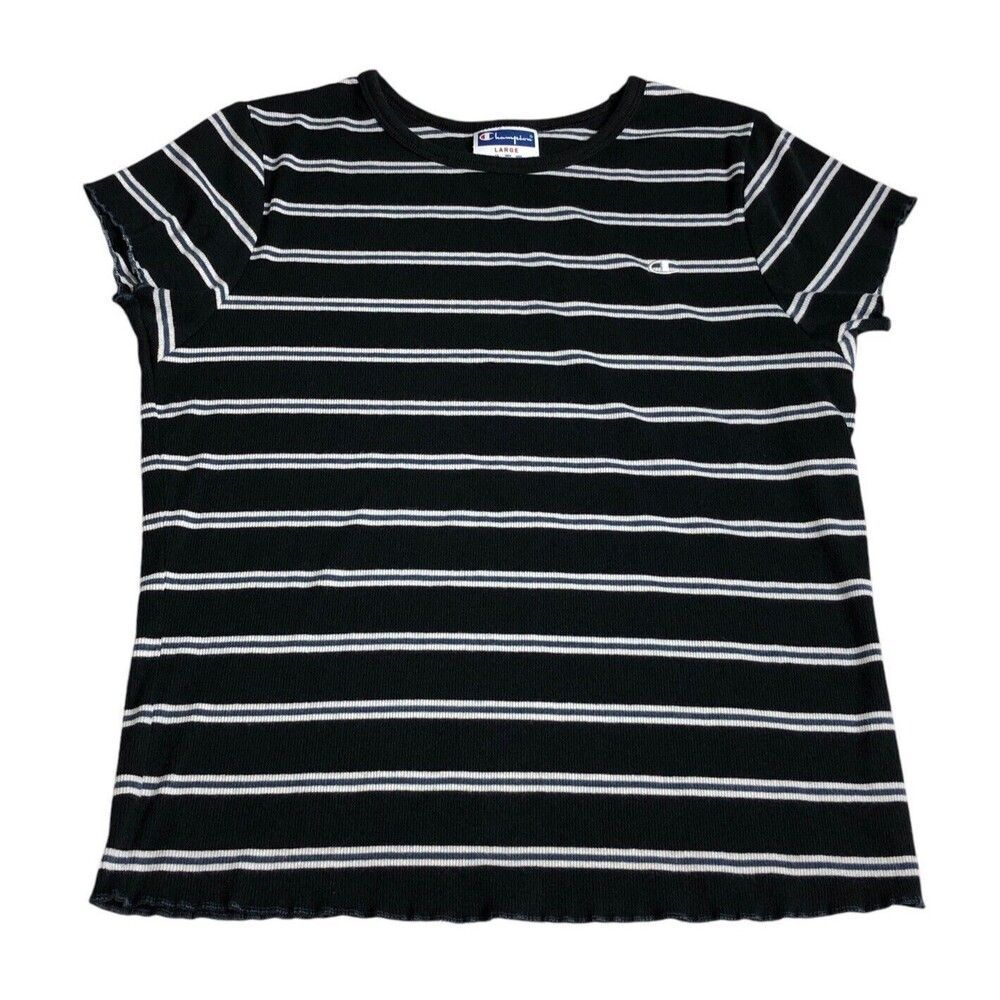 Champion Top Womens L Black Striped Stretch Knit Preppy‎ Retro Baby Tee Y2K 90s
